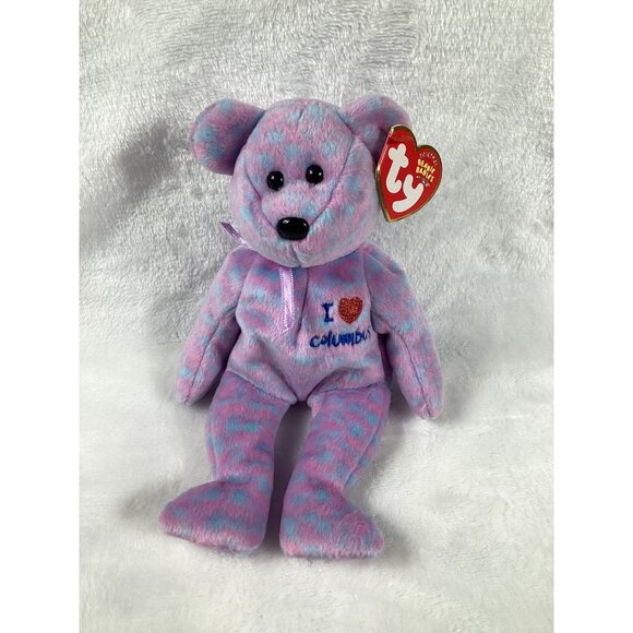 Ty 2004 Beanie Babies I Love Columbus Original Bear Plush Toy Purple NWT - Picture 1 of 6